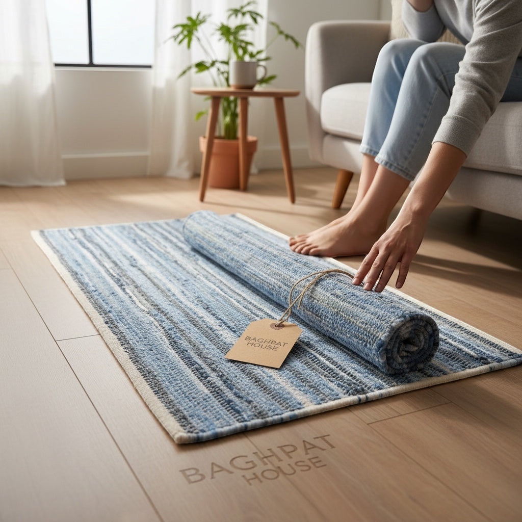 Baghpat House flat-woven jute rug with blue and white stripes, hand-loomed in natural jute fibre.