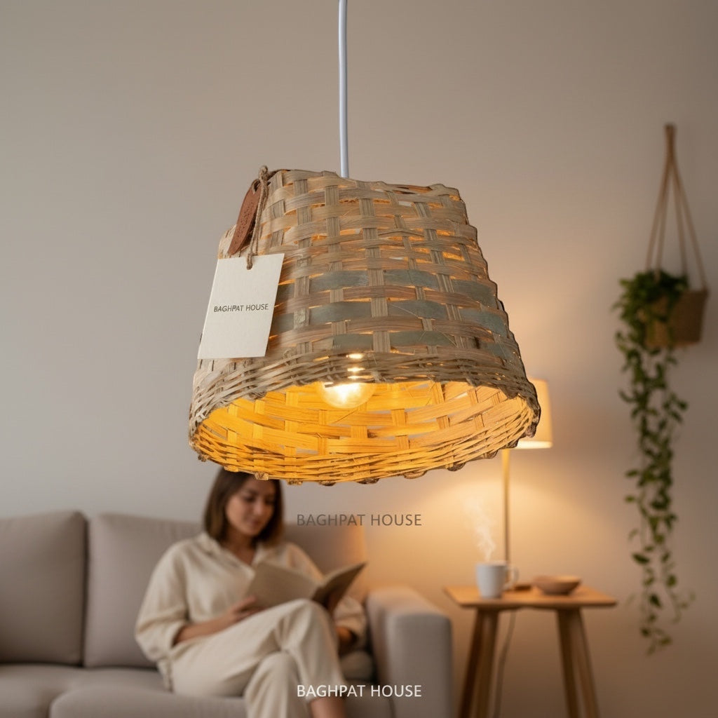 Baghpat House woven bamboo pendant light fixture with a natural, earthy tone and artisanal texture. Creates a warm ambiance.